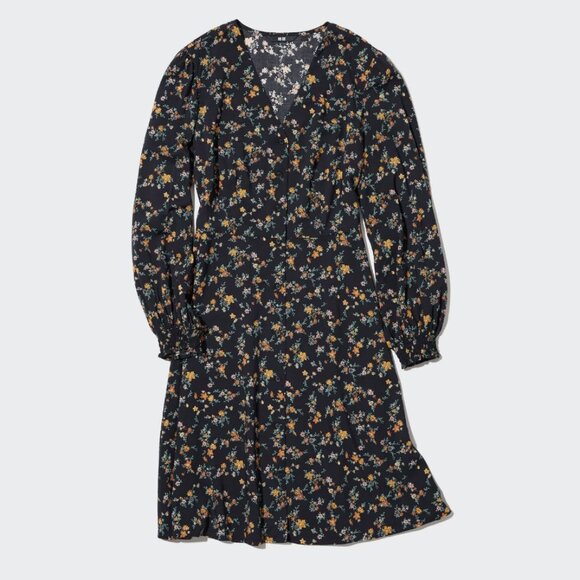 Uniqlo Printed V-Neck Long-Sleeve Flare Mini Dress - Picture 1 of 11